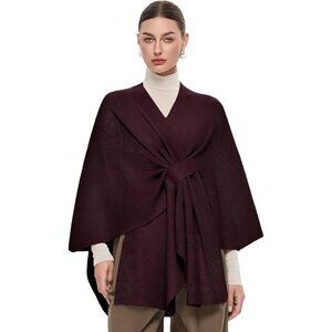Women's Burgundy Elegant Open Poncho Sweater Spring Fall Winter Shawl Wraps